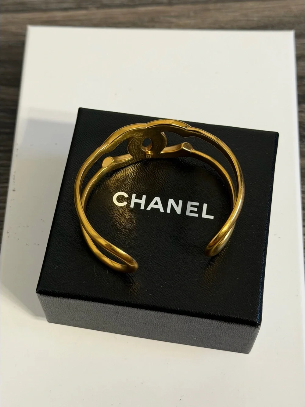 CHANEL Vintage Gold CC Logo Cuff Bracelet